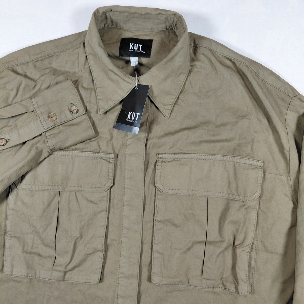 KUT from the Kloth Womens Medium Olive Green Cotton Utility Cropped Button Shirt